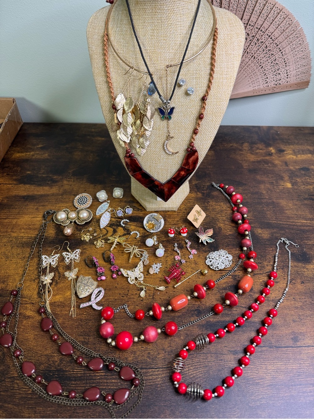 Fairycore Boho Red and Gold Mixed Jewelry Lot - Butterfly, Floral, Leaves